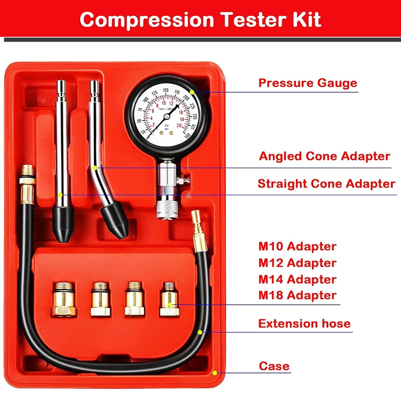 Silnik samochodowy zestaw narzędzi próbnik ciśnienia do samochodu motocyklowego Cylinder silnika wskaźnik Tester ciśnienia paliwa zestaw 0-300 PSI