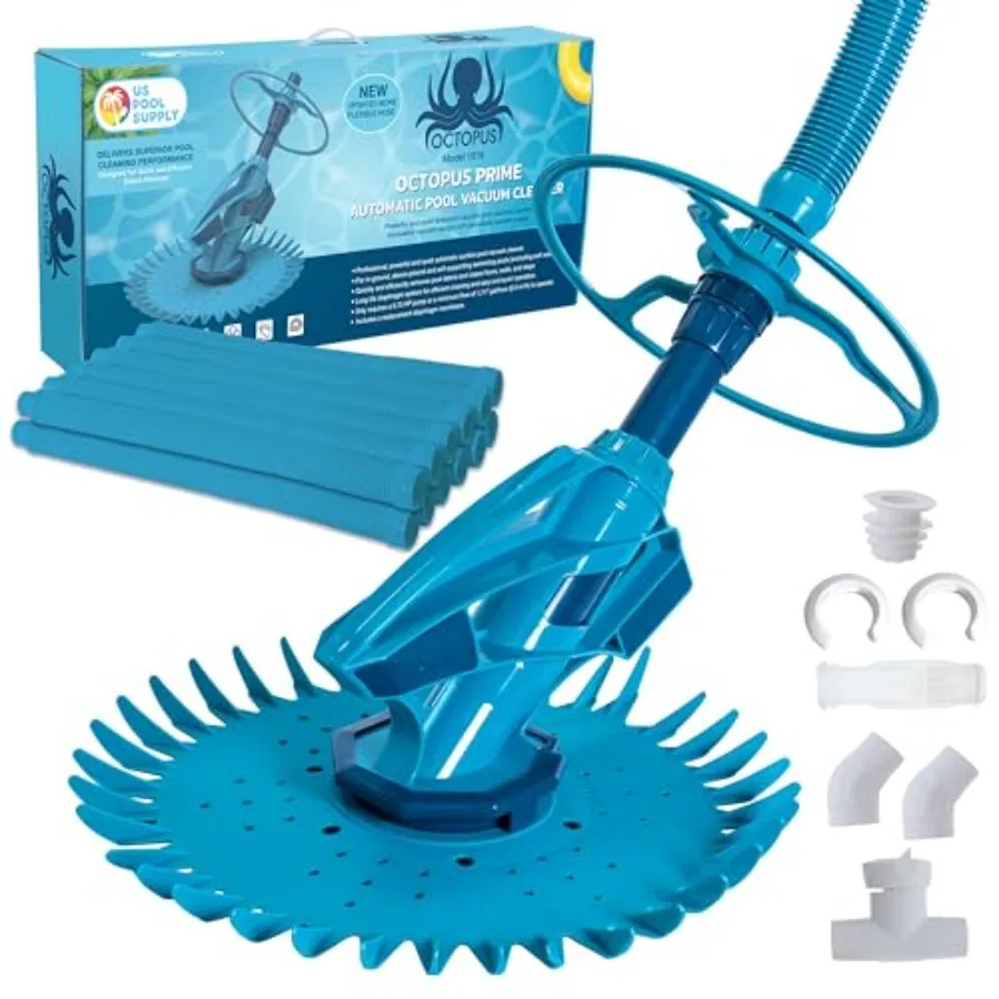 

Inground swimming pool vacuum cleaner with prime suction hose: PVC material, black color, automatic debris and leaf removal