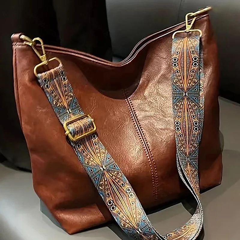 

PU Leather Vintage Solid Color Women Fashion Shoulder Sling Bag High-Capacity Simple Adjustable Wide Strap Bucket Crossbody Bags