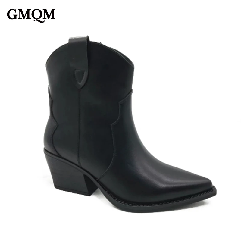 GMQM-Ankle Boots casuais ocidentais de cowboy para mulheres, dedo do pé apontado plataforma, sapatos de grife, salto alto slip-on, moda, outono,