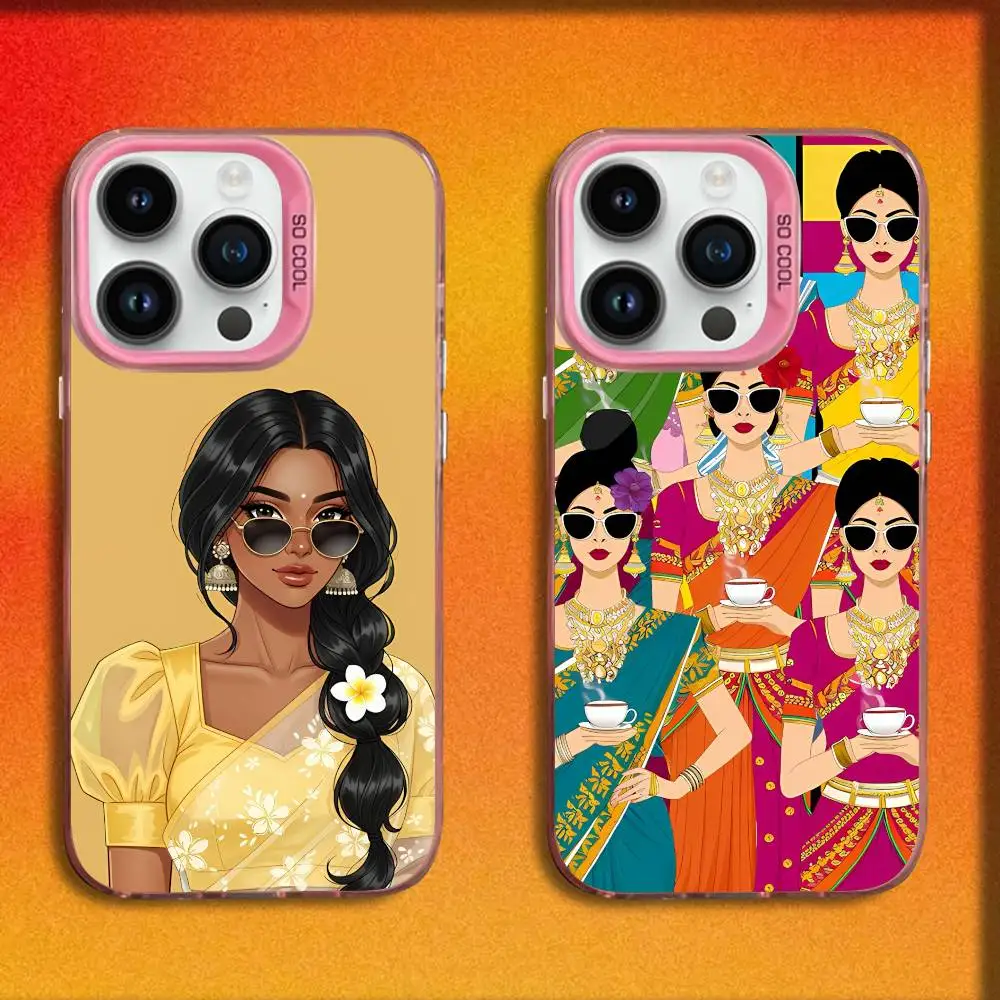 

indian girl illustration Phone Case For iPhone 17,16,15,14,13,12,11,Pro,Max,Plus,E,SE4,Air,Mini Pink IMD Box