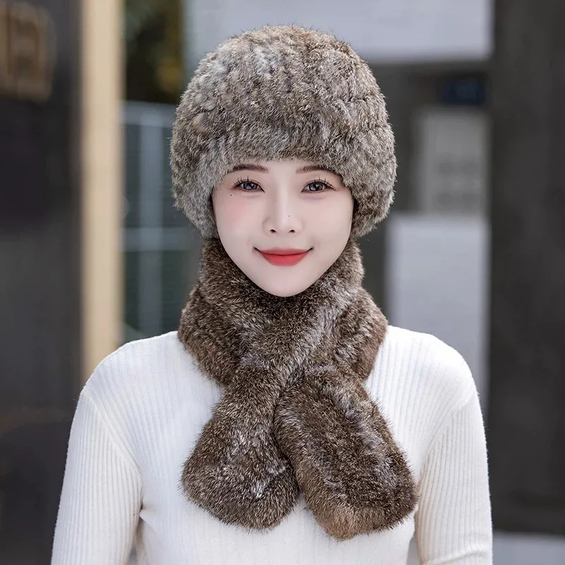 Real Rex Rabbit Fur Hat Scarf Set Thickened Warm Fur Caps Winter Outdoor Ear Protection Caps Female Warm Ears Bomber Cap