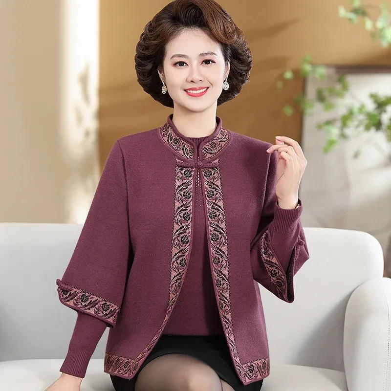 New Spring Autumn Noble Mother Wool Sweater High Quality Knitted Cashmere Cardigan Set 2PCS Middle Aged Women Short Sweater Coat