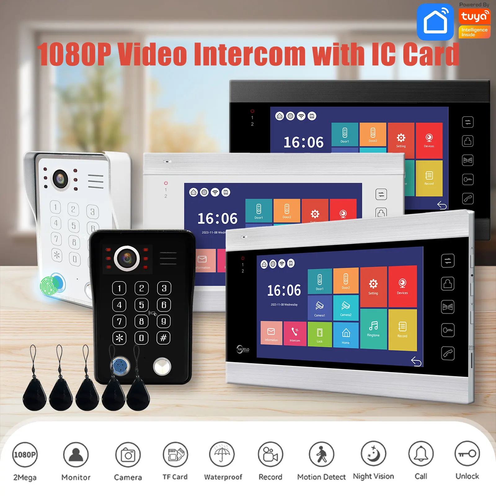 2mp Tuya Smart Door phone Video Intercom vom Privathaus 7 "Monitor 1080p Kamera Türklingel mit Finger abdruck 5 in1 entsperren