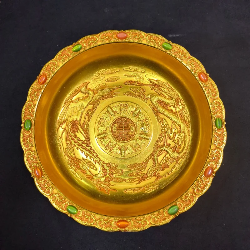 

Antique Style Pure Copper Gilt Large Plate Dragon Phoenix Five Blessings Gold Plate Gold Plate Qianlong Year Made Home Treasure