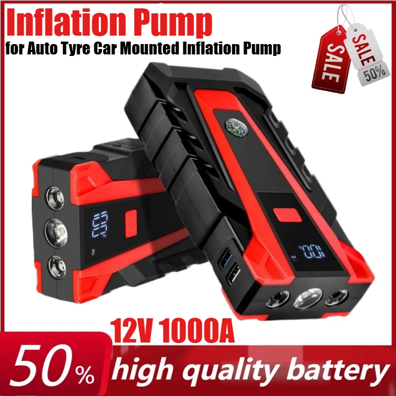 

12V 6000mAh Car Jump Starter Battery Car Mounted Inflation Pump with Full LCD Screen LED Light USB for Auto Tyre Power Bank