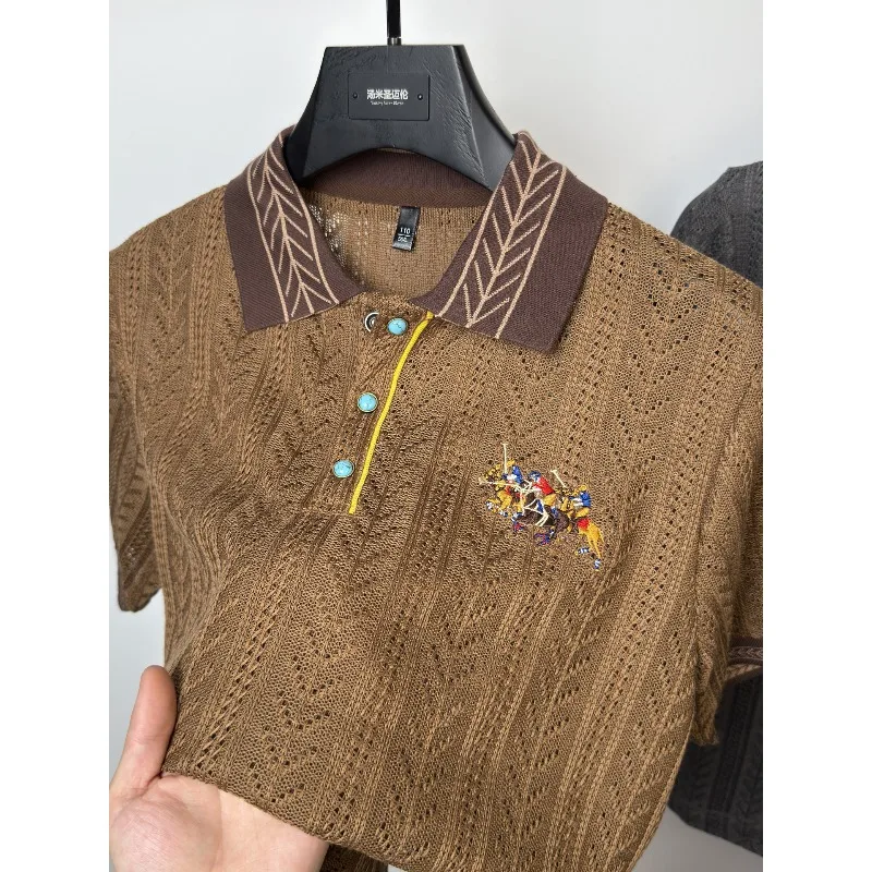

High end hollowed out jacquard knitted polo shirt brand embroidered men's summer short sleeved lapel t-shirt light luxury retro