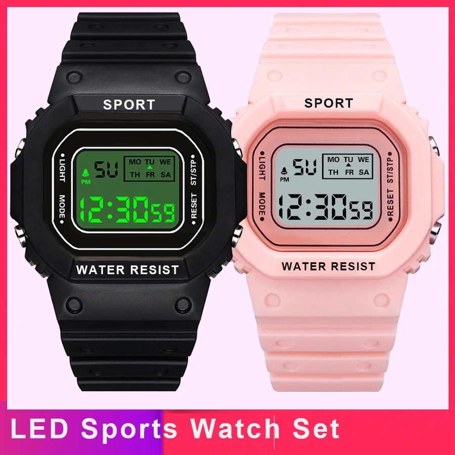 1/2pcs LED Sports Watch Set for Boys Girls Student Electronic Watch Men Women Square Digital Watches Waterproof Rubber Clocks