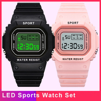 1/2pcs LED Sports Watch Set for Boys Girls Student Electronic Watch Men Women Square Digital Watches Waterproof Rubber Clocks