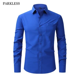 Camisas de negócios da marca de luxo masculina azul real elástico social manga longa camisa vestido botão respirável formal estiramento blusa