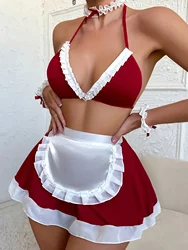 Maid Outfits Women Sexy Cosplay Lingerie Lace Halter Bra with Apron Skirt and Panty Set Exotic Costume Adult Role Play