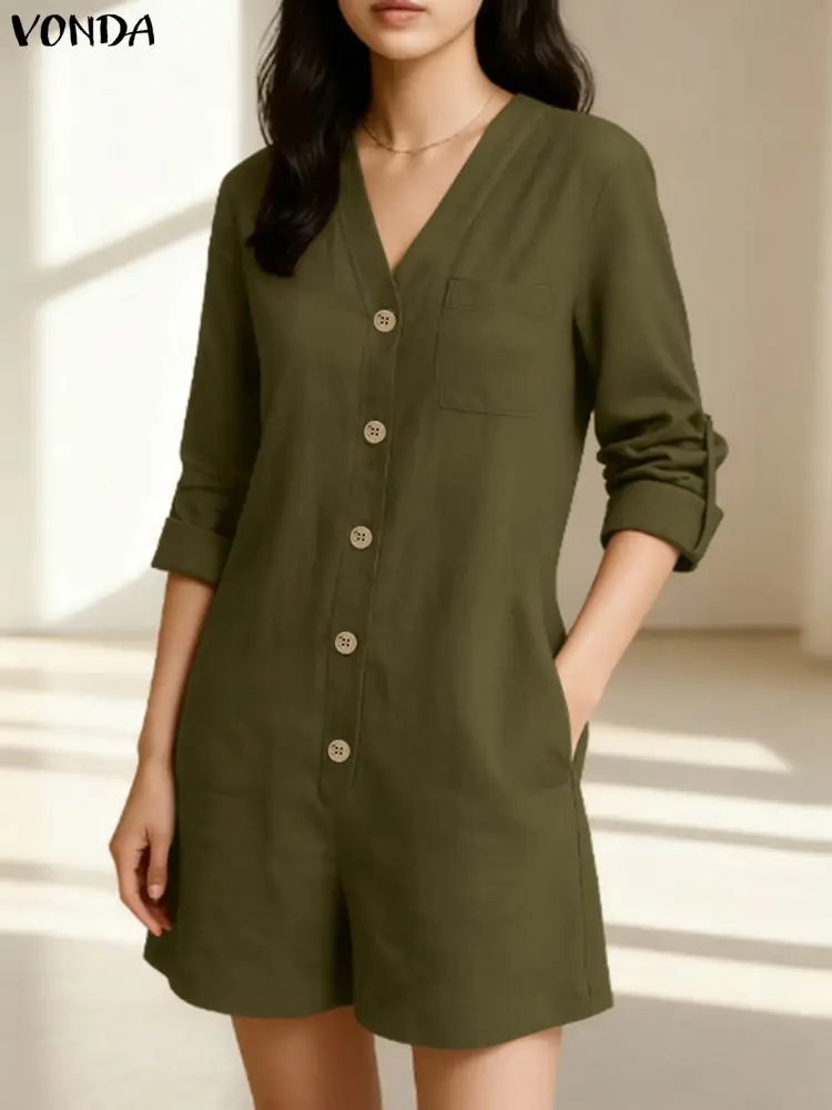

VONDA женские комбинезоны из 100% хлопка, осень 2025 г., короткие комбинезоны с длинными рукавами и v-образным вырезом, модные однотонные карманы, элегантные офисные комбинезоны
