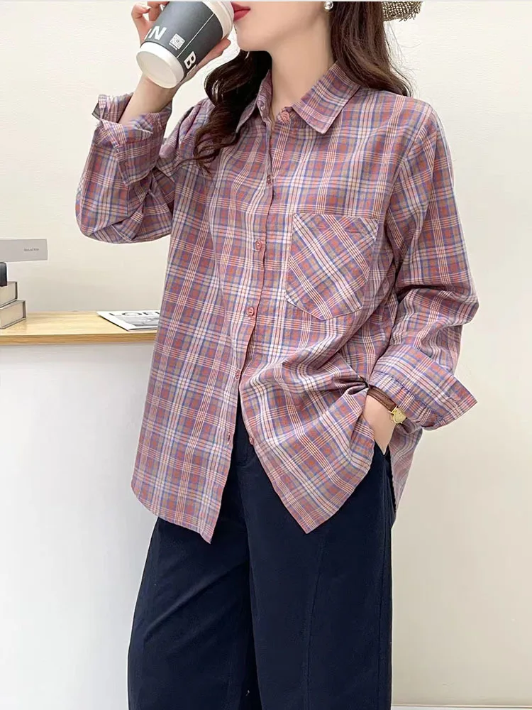 Ladies Collar Plaid Shirt 100% Cotton Pink Coffee Check Shirts for Women Autumn Korean Fashion Long Sleeve Tops