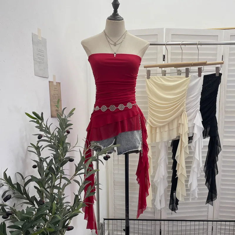 Women's Double Layer Mesh Strapless Tube Top With Anti-slip Strip Irregular Ribbon Sleeveless Summer Fashion Top Chic Shirt1571