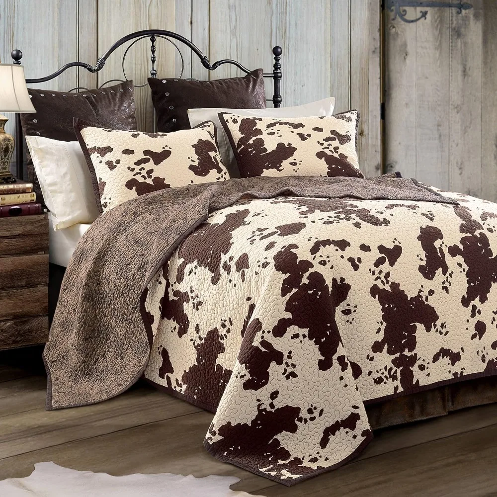 cents Elsa Cow Print Bedding 3 Piece King Size Quilt Set, Brown Cowhide Pattern, Cotton Reversible Western Bed Set,