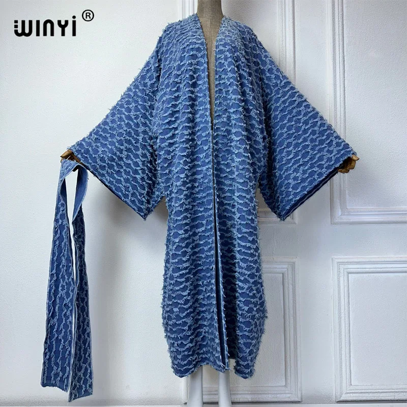 WINYI Kimono Plush everted denim long down overcoat maxi Dress elegant Party Holiday Swimming beach Cover Up fashion dress abaya