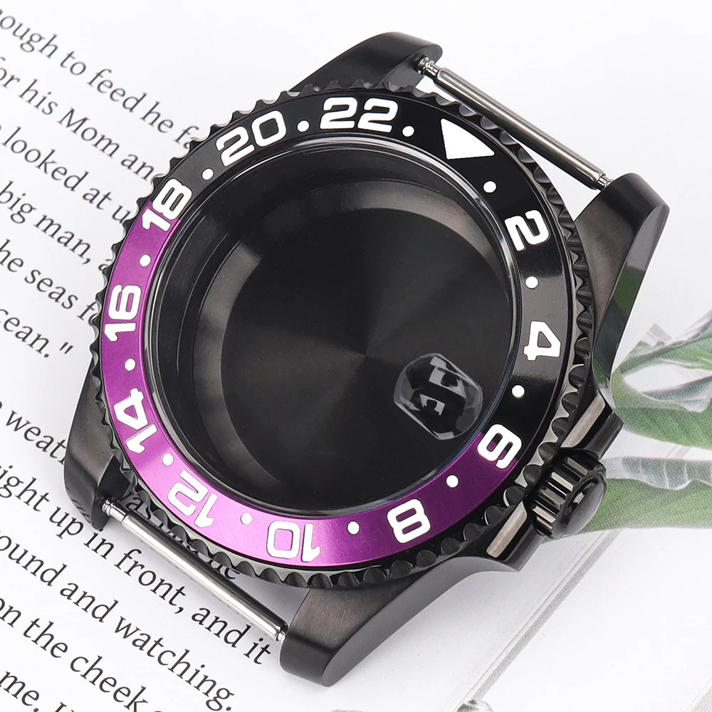 40mm Black Watch Cases Sapphire For GMT Seiko NH35 NH34/36 NH70 7S26 4R36 Miyota8215 Eta2824 28.5mm Dial Unidirectional Rotation