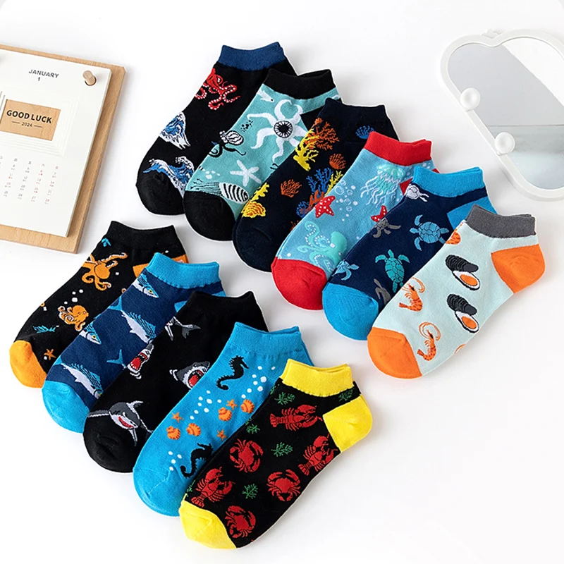 6 أزواج للجنسين الجدة الملونة الجوارب القصيرة الرجال Harajuku الكرتون مضحك الكائنات البحرية عادية قارب الجوارب الاتجاه الذكور الكاحل الجوارب #2