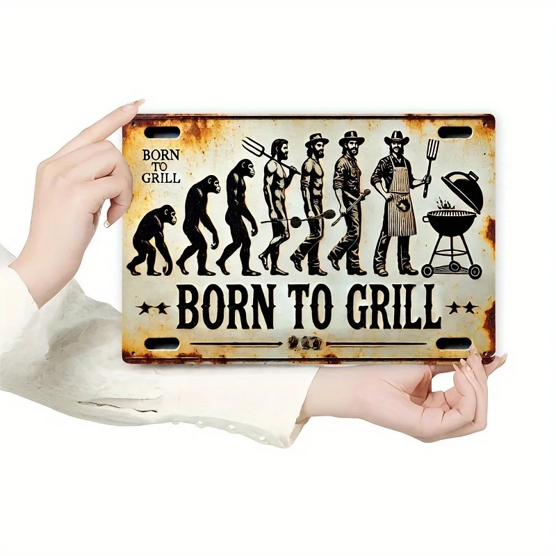 لافتة معدنية مسطحة ثنائية الأبعاد "Born to BBQ" - مثالية للمنزل والمطبخ والفناء والبار والمكتب على الطراز الريفي للشواء، متينة #4