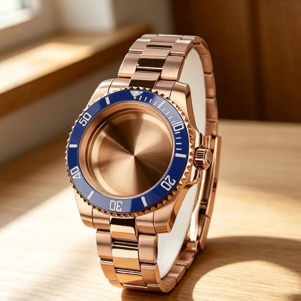 women's-luxury-40mm-rose-gold-watch-case-blue-bezel-sapphire-glass-for-sub-nh35-nh36-nh38-34-miyota-8215-eta2824-movt-strap-part