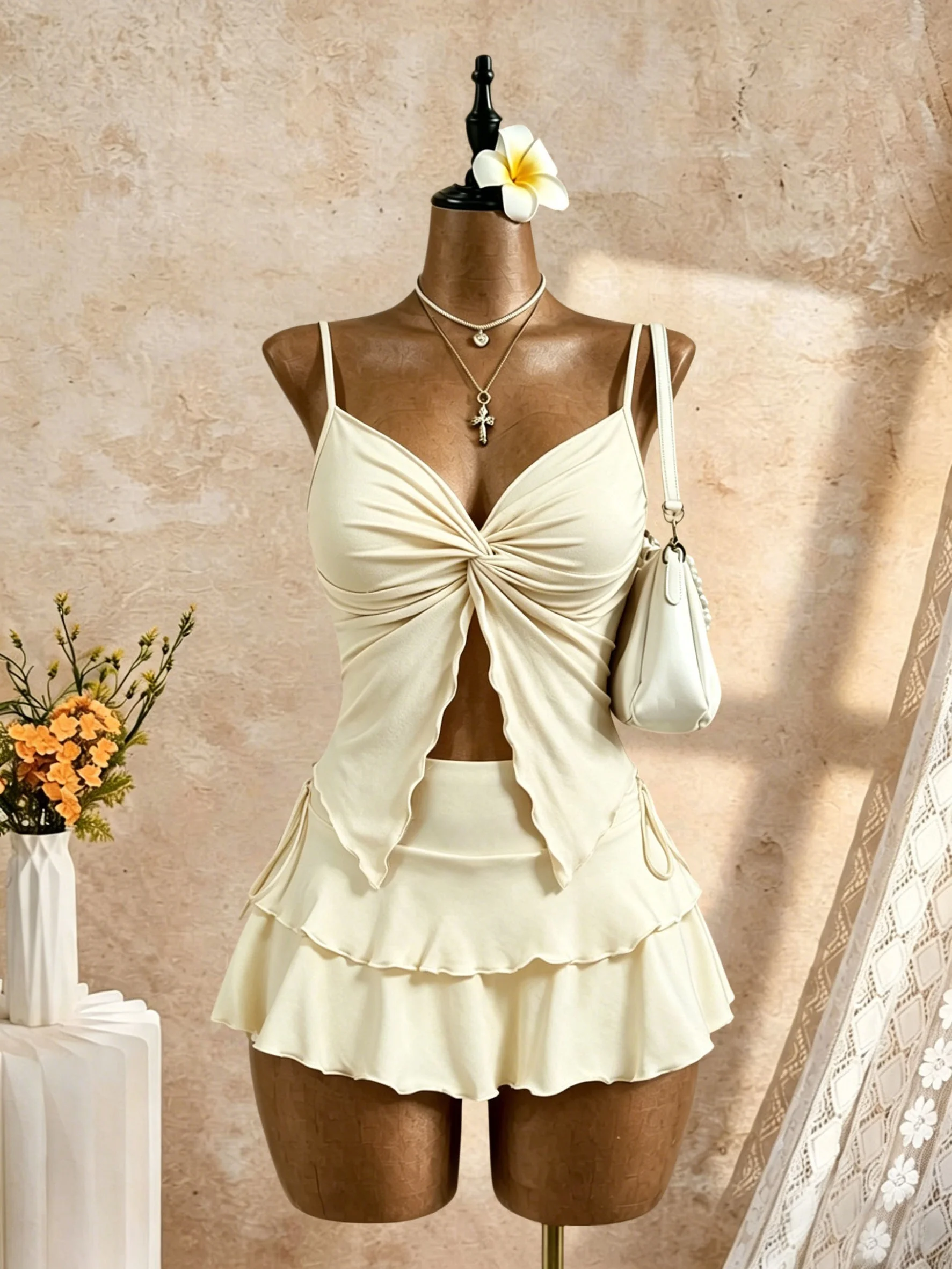 2 Pcs Women Spaghetti Strap Twist Cutout Cami Top Tiered Ruffle Mini Skirt Set Solid Cream White Slim Fit Summer Beach Vacation