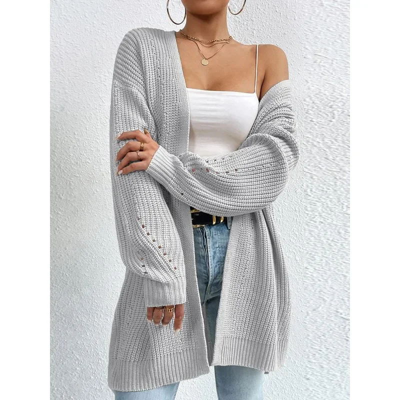 

New Women‘s Long Knit Cardigan, Loose V-Neck Solid Color Coat, Autumn Winter Comfortable Casual Outerwear