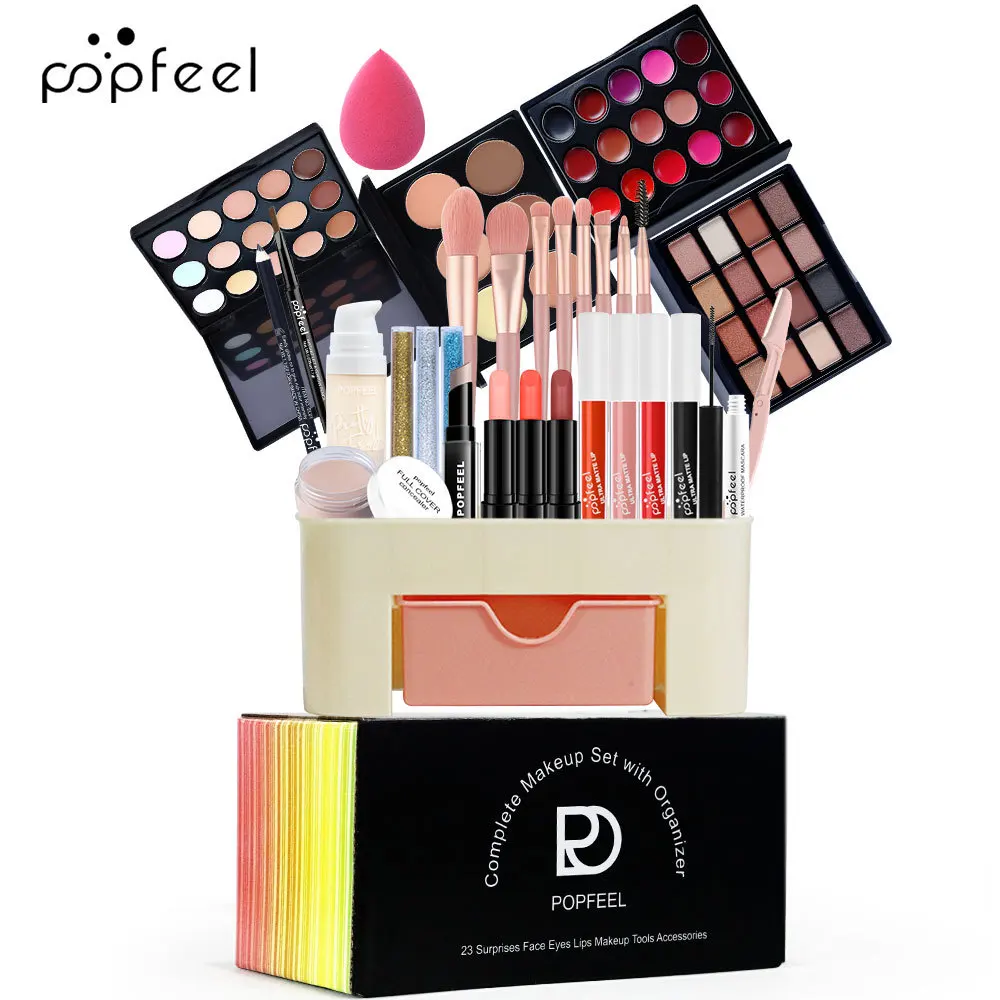 Popfeel-Kit de Maquillage Complet Tout-en-un pour Femme, Eyeblogueur, Eyeliner, Rouge à Lèvres, Mascara, Poudre de Contour, Pinceau, Ensembles de Luxe, Cadeaux