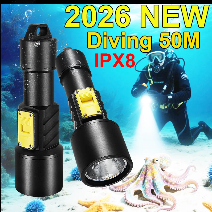

Профессиональный фонарик для дайвинга IP68 Водонепроницаемый фонарь для дайвинга с питанием от батареи 18650 с ручной веревкой