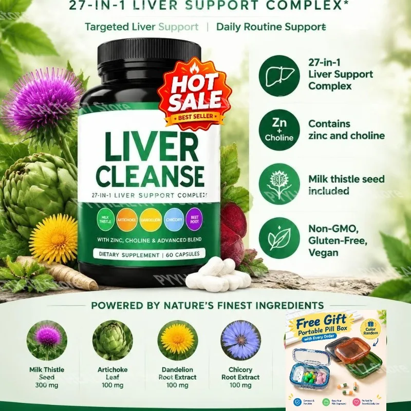 Liver Cleanse Supplement 27-in-1 Liver Support Complex with Milk Thistle Choline & Zinc Digestive & Energy Aid for Adult 60 Caps