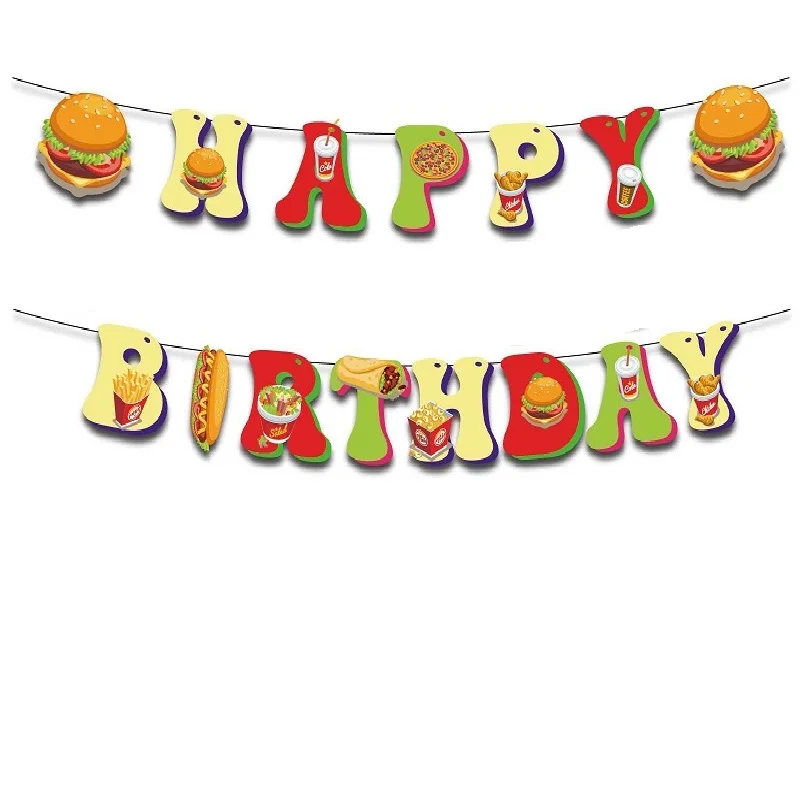 Fast Food Theme Birthday Party Decoration Banner,Hamburger,Cola, Fries, Fried Chicken ,Pizza Happy Birthday Pull Flag