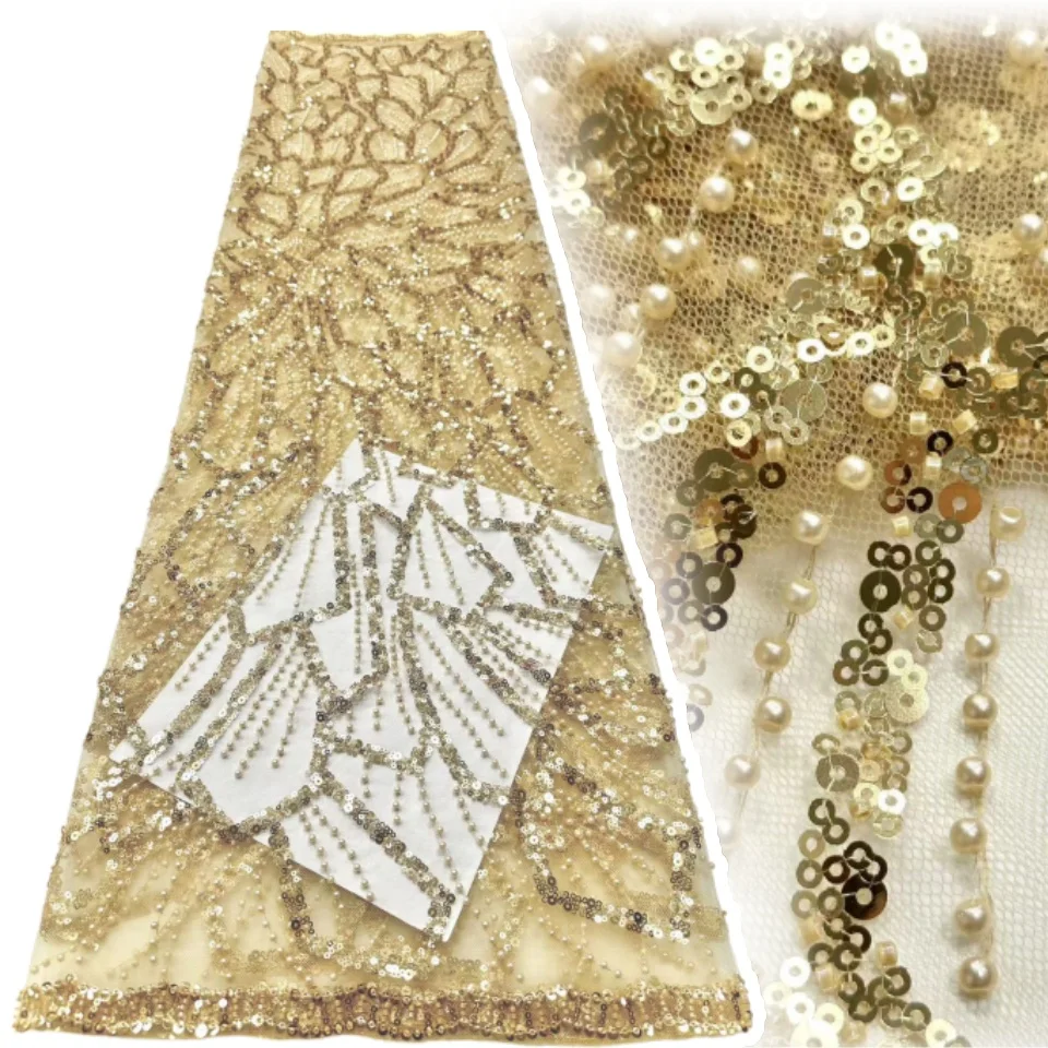 

2025 африканская кружевная ткань ручной работы с блестками и жемчугом, французская тяжелая тюль с бисером, кружевная ткань для свадебного платья, материал P1208