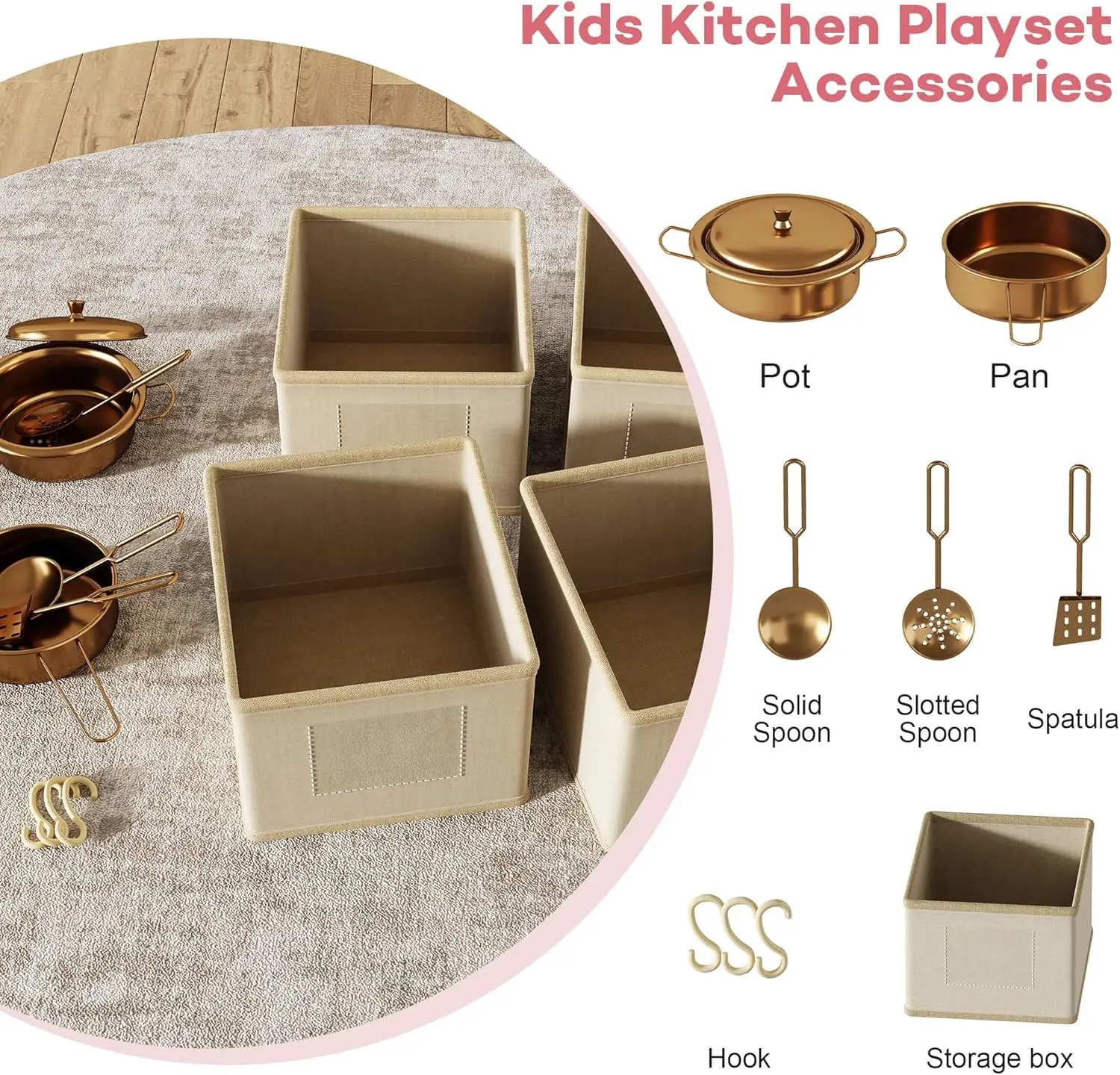 Pink Wooden Toddler Kitchen Playset – Pretend Stove & Oven with Smart Storage and Accessories, Ideal Gift for Ages 3+ image 3