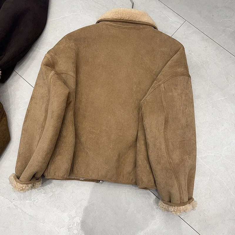 Chaqueta de piel de estilo coreano para mujer, abrigo corto informal holgado y cálido de gamuza de lana de cordero para invierno, abrigo Echtpelz de ambos lados