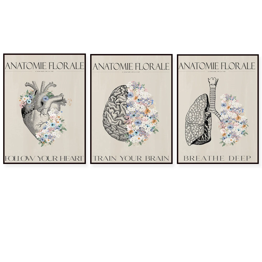 Poster retro floral anatomy, heart, brain, lung, pastel flower, bohemian print, anatomical wall canvas painting poster modern ar