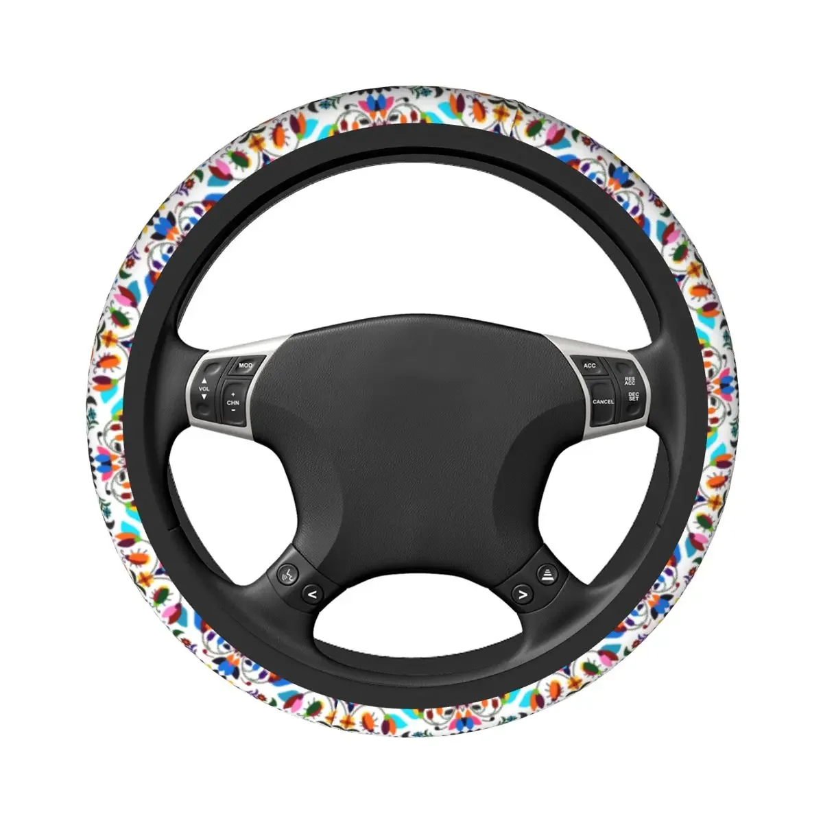 Lovely Mexican Otomi Viva Steering Wheel Cover Mexico Flowers Steering Wheel Protector Universal Fit 37-38cm Car Accessories