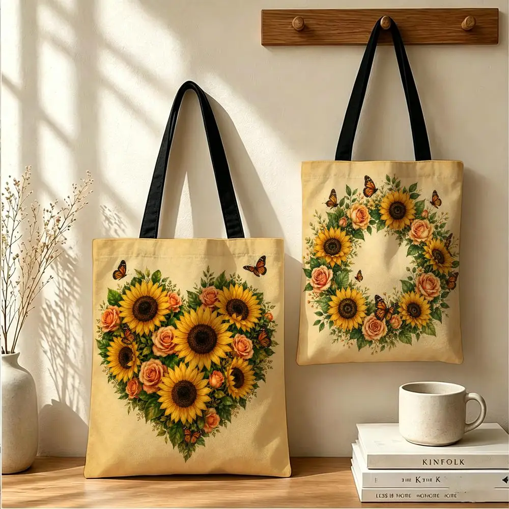 Sunflower Garden Florals Storage Bags Large Capacity Canvas Tote Bag Reusable Shoulder Handbag for Daily Shopping Travel