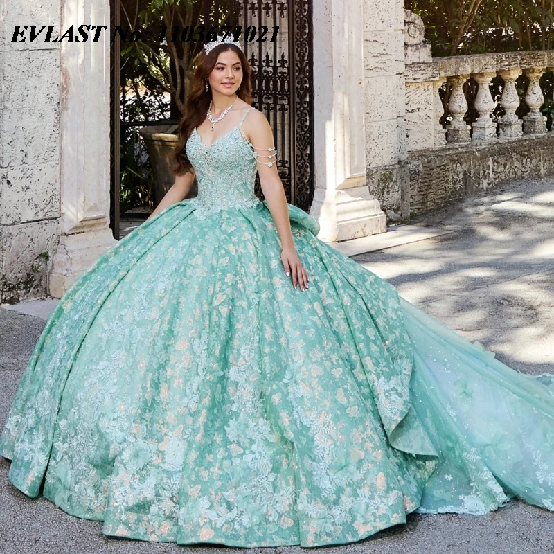 

EVLAST Customized Mint Mexican Quinceanera Dress Ball Gown 3D Floral Applique Beading Bow Sweet 16 Vestidos De XV Anos SQ277