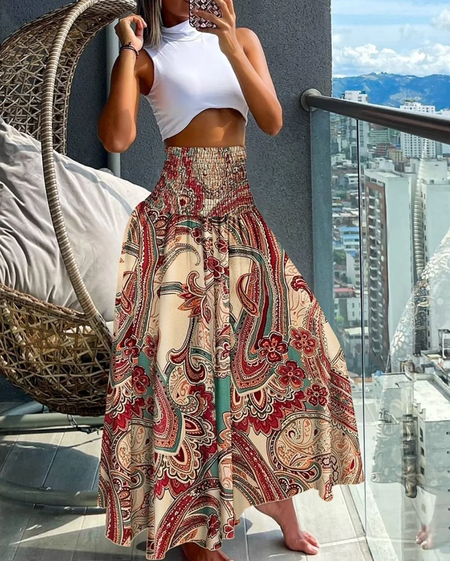 Plus Size Vintage Flower Printed Skirt Women 2024 Summer New Fashion Casual Commuting Vacation Style High Waist A-line Skirts F