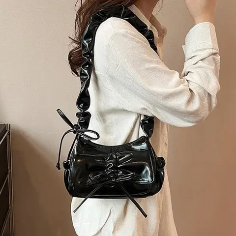 Cute Bow Design PU Leather Crossbody Bags for Women 2025 Y2K Trend Fashion Pleated Shoulder Bag Lady New Handbags And Purses