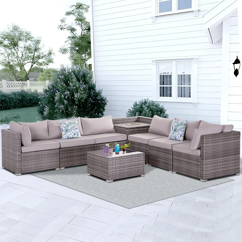 

8PCS Outdoor Furniture Set, PE Rattan Wicker Sectional Sofa Set with Storage Box