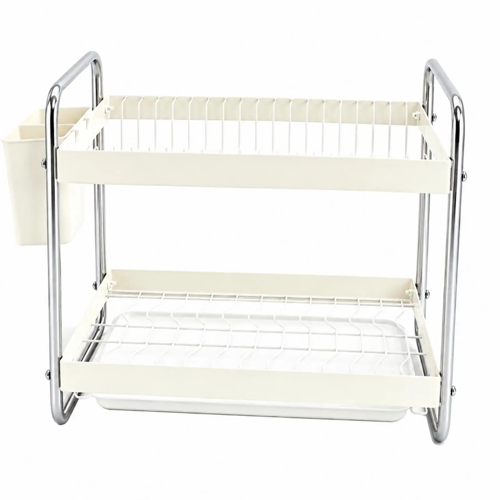 Dish Drainer Rack for Kitchen Countertop with Raised Side Rails and Utensil Storage Basket