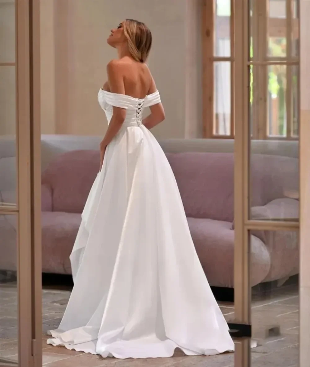 Elegant Satin Wedding Dresses Lace Up Back Off Shoulder Sleeveless A-line New Simple Side Split Vestidos De Novia Robe De Mariée