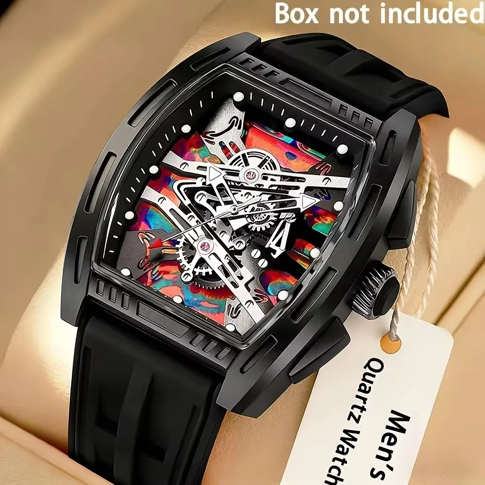 Fashion Tonneau Skeleton Dial Men Quartz Watch Black Silicone Strap Analog Sport Wristwatches Relogio Masculino（Without Box）