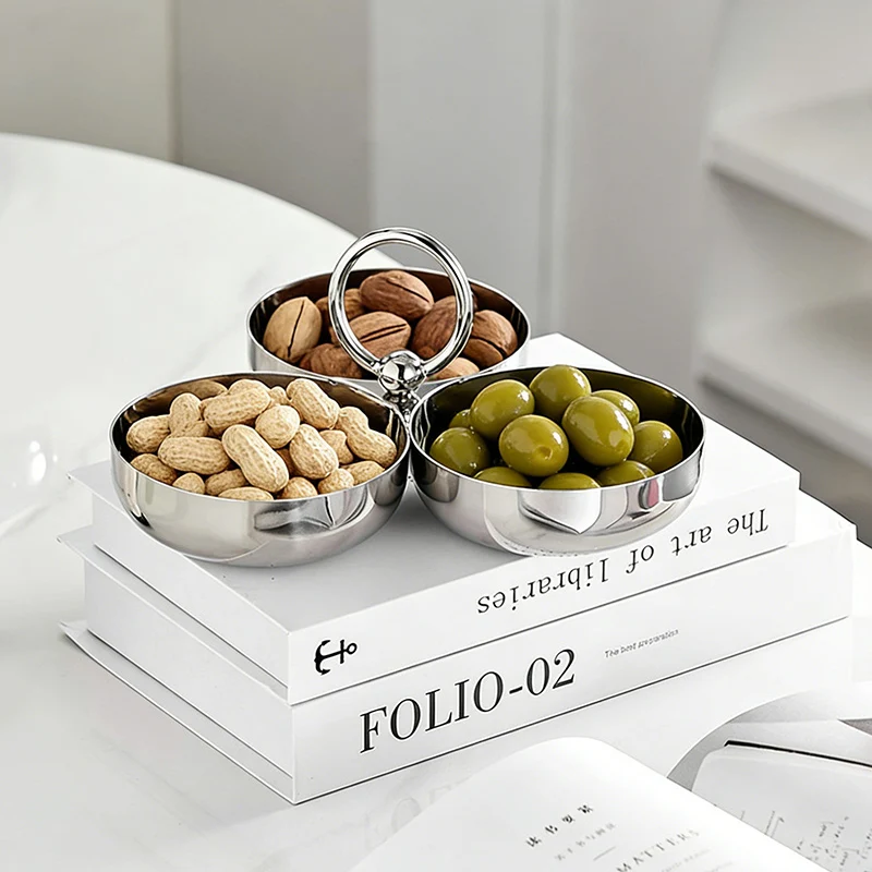 Premium Stainless Steel 3 Grids Fruit Snack Plates Desktop Nordic Decor Desserts Nut Candy Bowl Serving Tray Condiments Dish