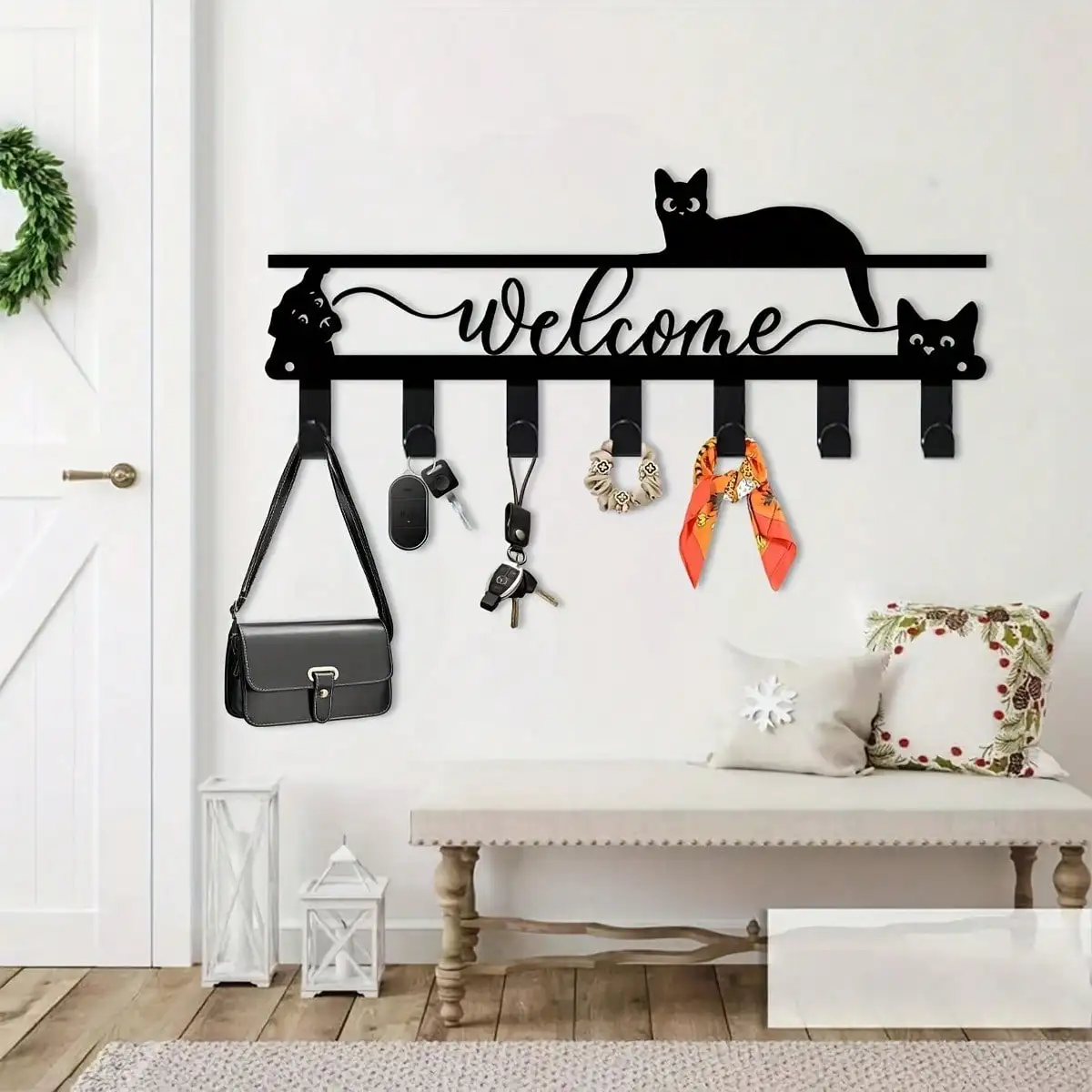 Ganchos de Pared con Diseño de Gato Bohemio, 11.81 Pulgadas, Organizador Metálico para Llaves, Decoración de Hogar con Silueta Negra para Pasillo, Cocina, Oficina, Regalo