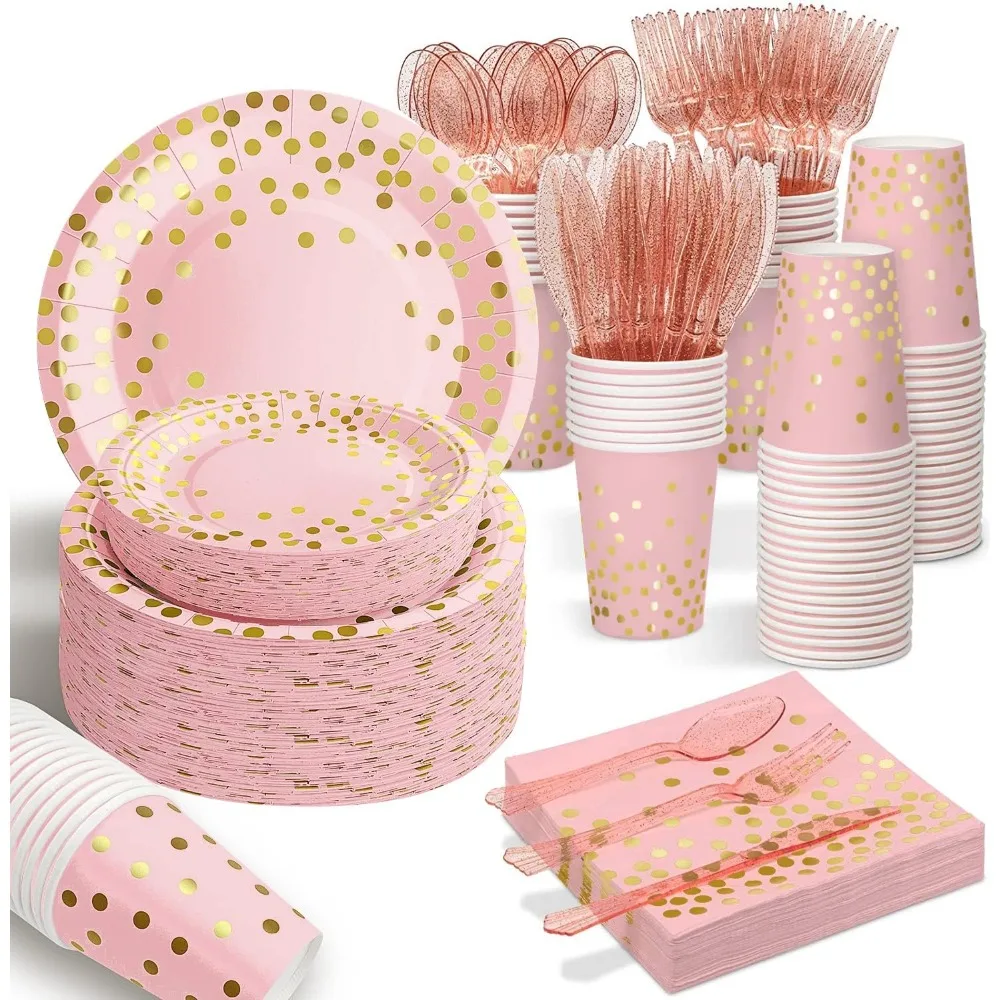

Pink Rose Gold Plates Party Supplies Severs 25 Guests Disposable Party Decorations, Plastic Forks Knives Spoons