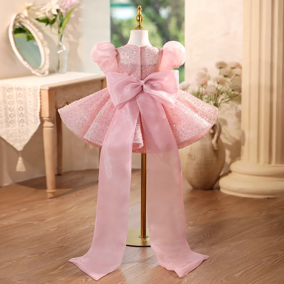 Dreamy D111 Vow carino rosa manica a sbuffo paillettes ragazze al ginocchio abito da ballo per bambini festa di compleanno festival celebrazione principessa