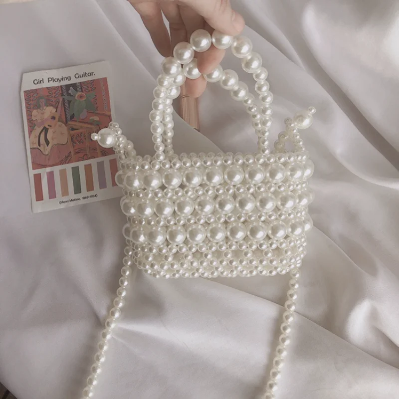 

Vintage Pearl White Handmade Woven Beaded Bag Fashion Texture Shoulder Crossbody Bags for Woman Simple Versatile Women's Handbag