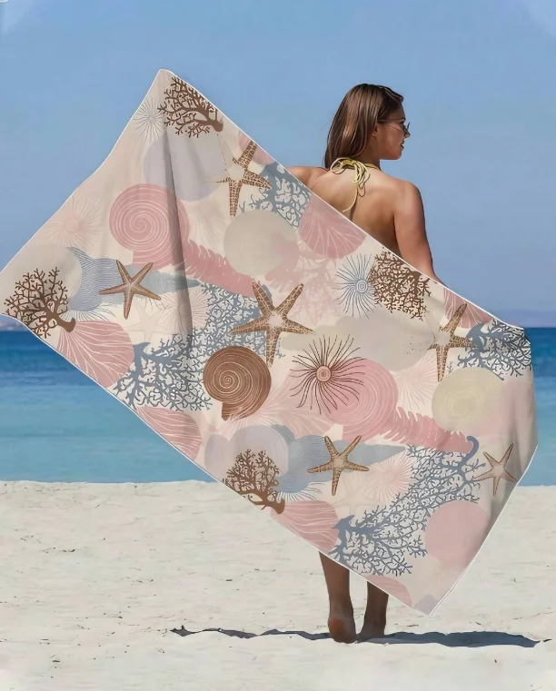 Pastel Starfish Coral Beach Towel, Microfiber Sand Free Quick Dry, Soft Marine Life Print
