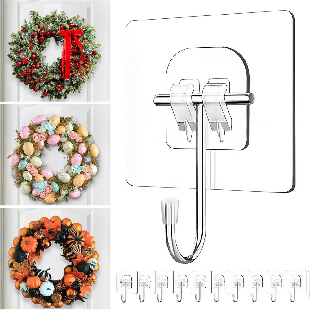 10 Pack Heavy-Duty Wreath Hangers for Front Door – Seasonal Christmas & Halloween Decorations, Over-The-Door Hooks Organizer, Cl